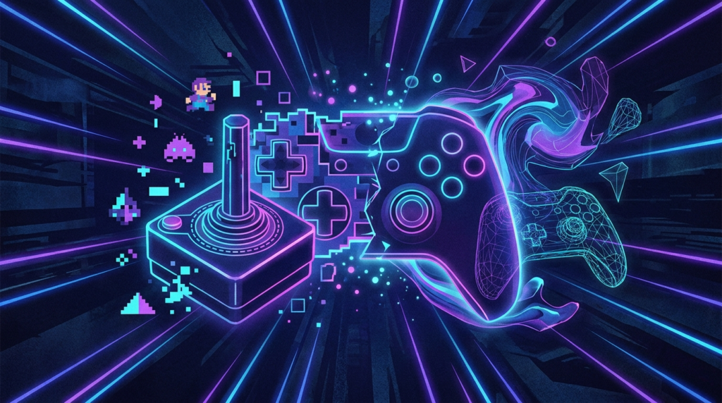 Illustration of a video game controller with neon lights