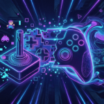 Illustration of a video game controller with neon lights