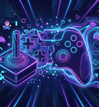 Illustration of a video game controller with neon lights