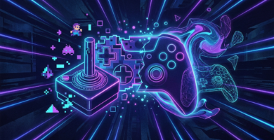 Illustration of a video game controller with neon lights