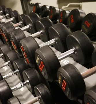 Dumbbell rack at a weightlifting gym