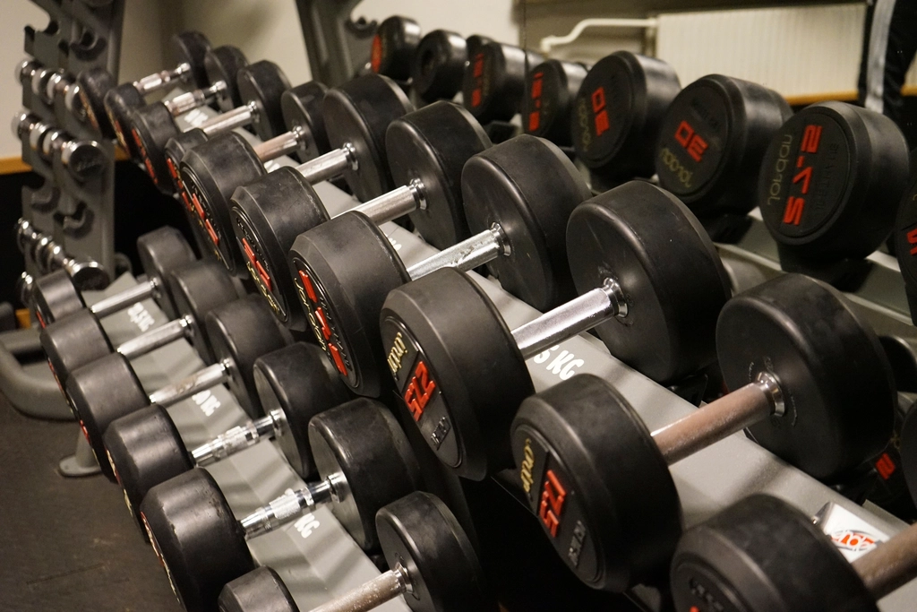 Dumbbell rack at a weightlifting gym