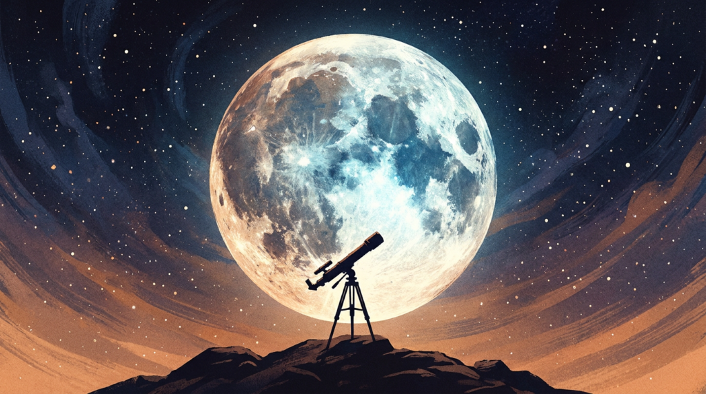 Illustration of the Moon with craters seen through a telescope