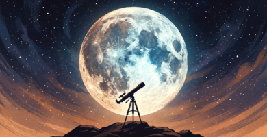 Illustration of the Moon with craters seen through a telescope