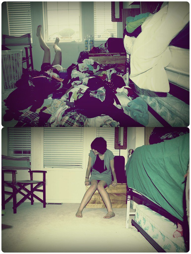 Messy cluttered room with items scattered