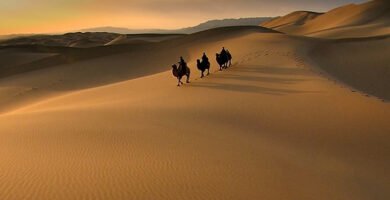 Camel caravan crossing the desert along the ancient Silk Road