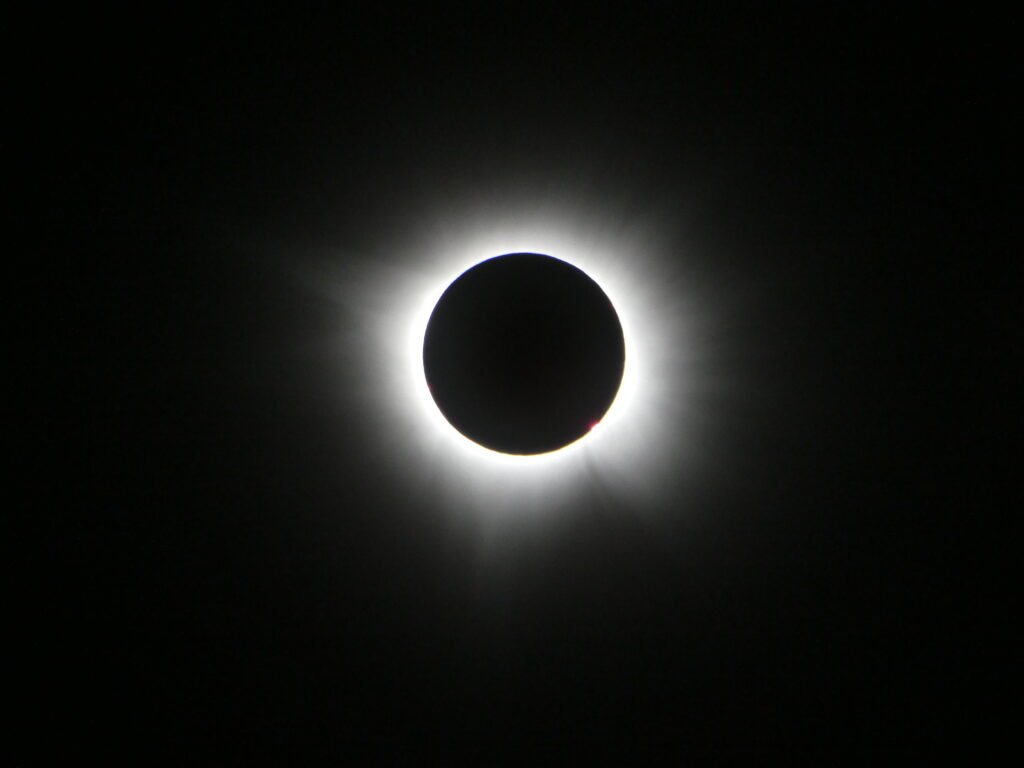 Total solar eclipse during totality, with the solar corona visible