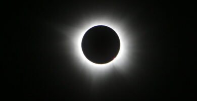 Total solar eclipse during totality, with the solar corona visible