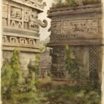 Painting of Maya ruins at Chichen Itza, overtaken by vegetation