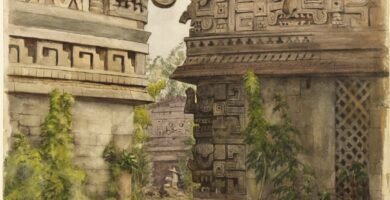 Painting of Maya ruins at Chichen Itza, overtaken by vegetation