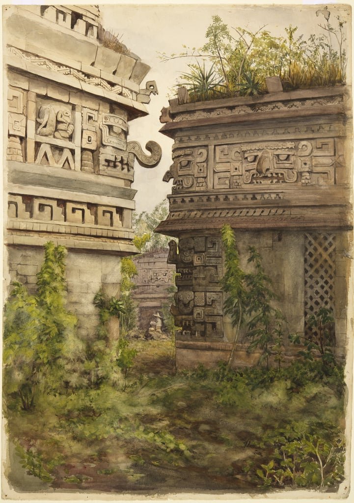 Painting of Maya ruins at Chichen Itza, overtaken by vegetation
