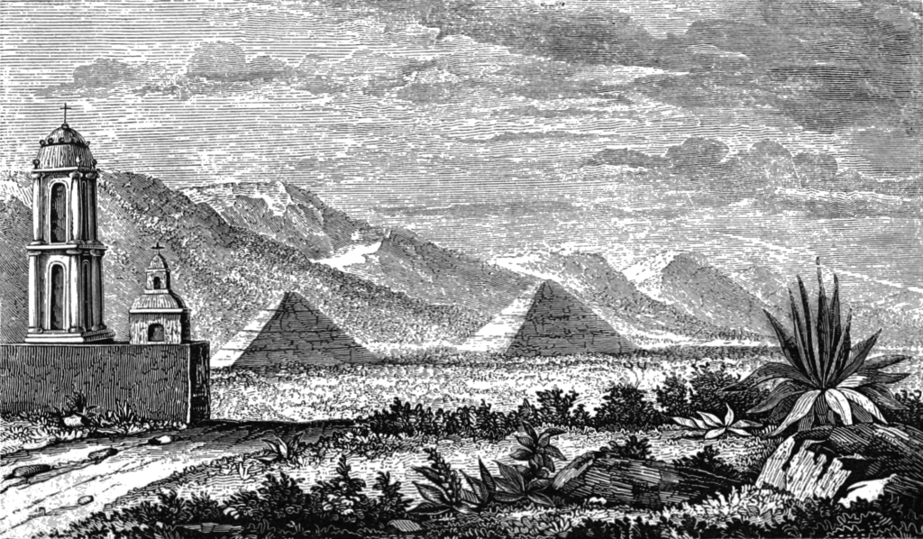 Old engraving of the pyramids of Teotihuacan, Mexico