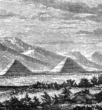 Old engraving of the pyramids of Teotihuacan, Mexico
